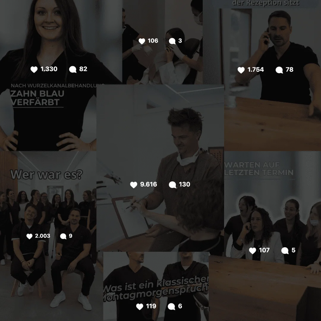 Professioneller Instagram Feed einer Zahnarztpraxis mit hochwertigen Video-Inhalten und starkem Engagement